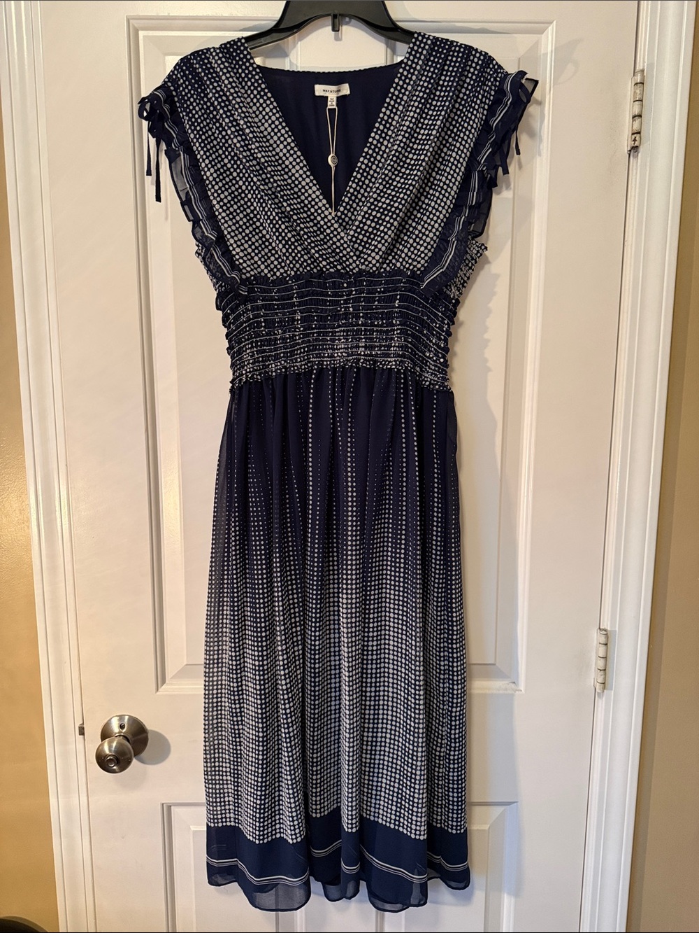 Navy Dot-Print V-Neck Midi Dress